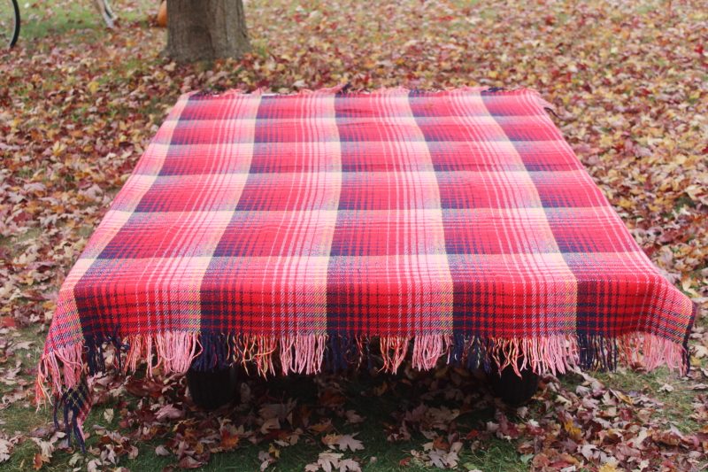 photo of vintage heavy cotton camp blanket, large reversible plaid blanket w/ fringe, red blue gold pink  #1