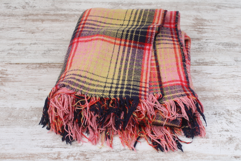 photo of vintage heavy cotton camp blanket, large reversible plaid blanket w/ fringe, red blue gold pink  #2