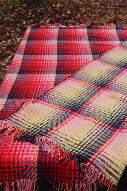 photo of vintage heavy cotton camp blanket, large reversible plaid blanket w/ fringe, red blue gold pink  #3