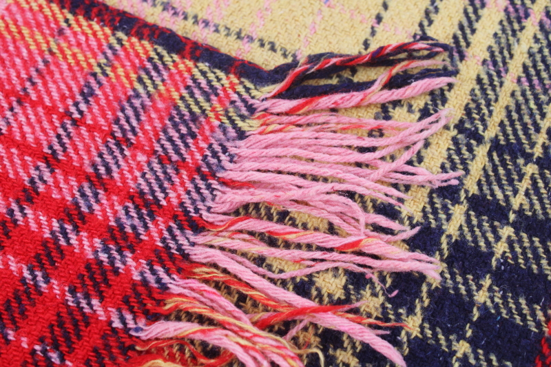 photo of vintage heavy cotton camp blanket, large reversible plaid blanket w/ fringe, red blue gold pink  #4