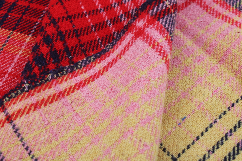 photo of vintage heavy cotton camp blanket, large reversible plaid blanket w/ fringe, red blue gold pink  #5