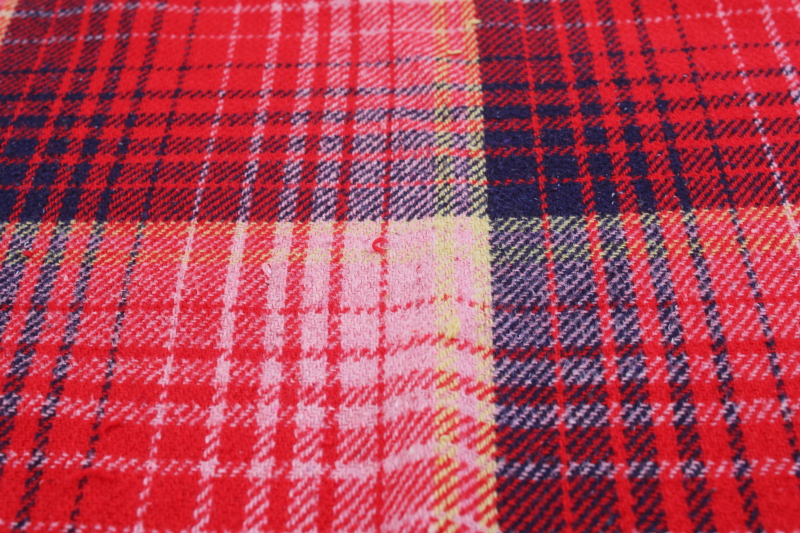 photo of vintage heavy cotton camp blanket, large reversible plaid blanket w/ fringe, red blue gold pink  #6