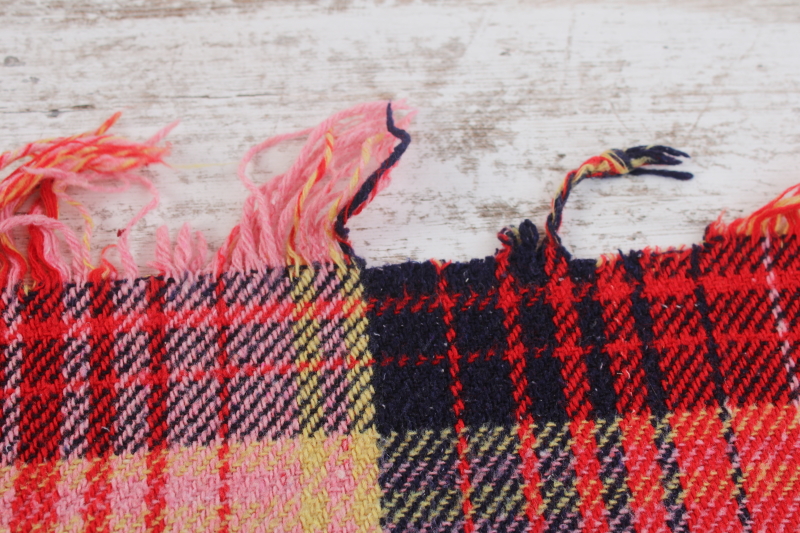 photo of vintage heavy cotton camp blanket, large reversible plaid blanket w/ fringe, red blue gold pink  #7