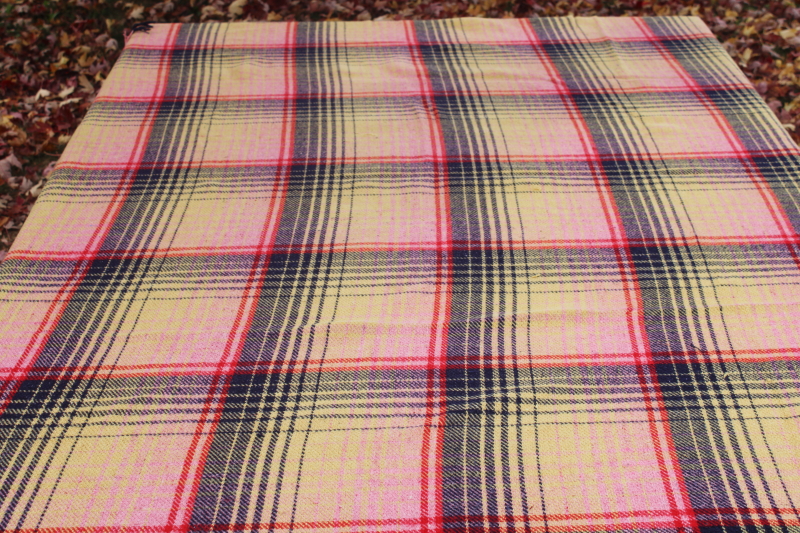 photo of vintage heavy cotton camp blanket, large reversible plaid blanket w/ fringe, red blue gold pink  #8