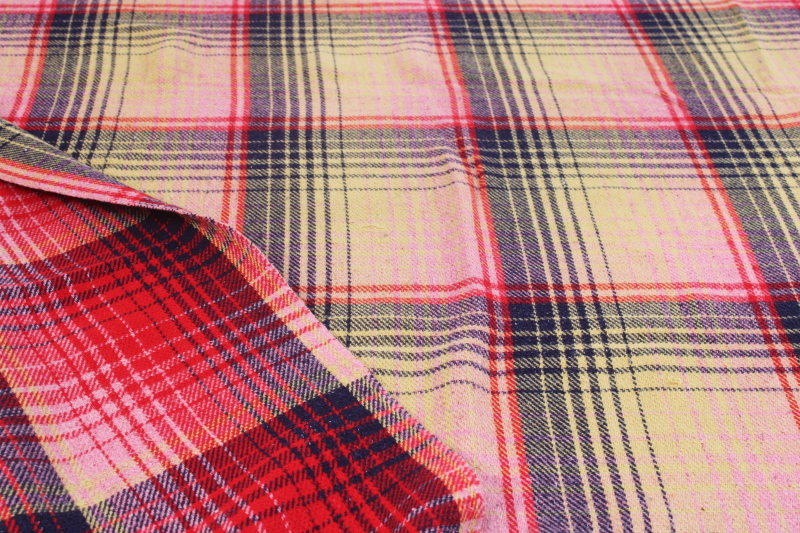 photo of vintage heavy cotton camp blanket, large reversible plaid blanket w/ fringe, red blue gold pink  #9