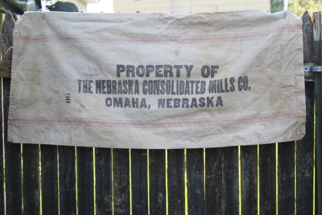 photo of vintage heavy cotton grain sack Bemis bag printed Nebraska Mills, rustic farmhouse pillowcase #1