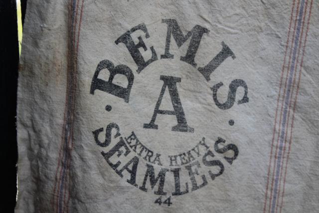 photo of vintage heavy cotton grain sack Bemis bag printed Nebraska Mills, rustic farmhouse pillowcase #2