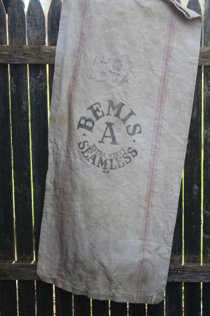 photo of vintage heavy cotton grain sack Bemis bag printed Nebraska Mills, rustic farmhouse pillowcase #9