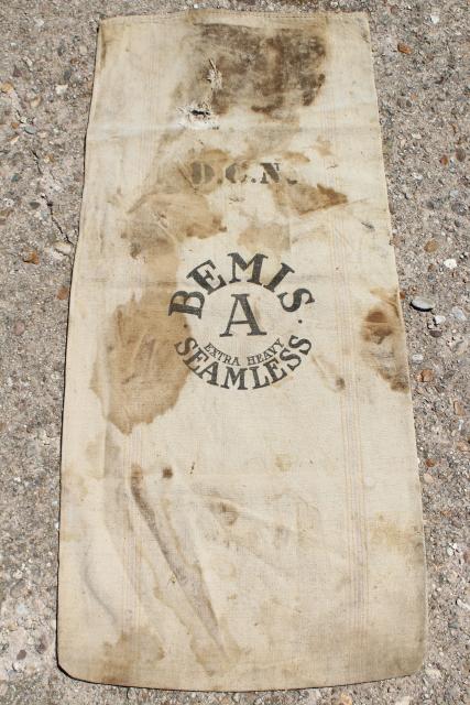 photo of vintage heavy cotton grain sack, striped Bemis feed bag, primitive grubby antique fabric #1