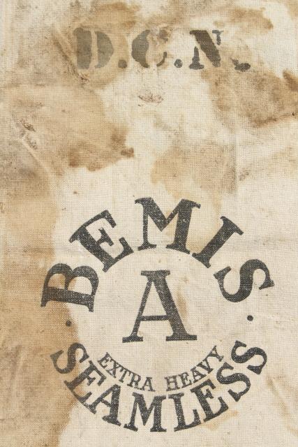 photo of vintage heavy cotton grain sack, striped Bemis feed bag, primitive grubby antique fabric #2