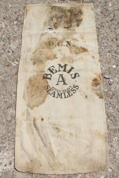 catalog photo of vintage heavy cotton grain sack, striped Bemis feed bag, primitive grubby antique fabric