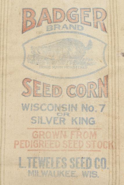 photo of vintage heavy cotton grain sack, striped feed bag Wisconsin Badger brand seeds advertising #1