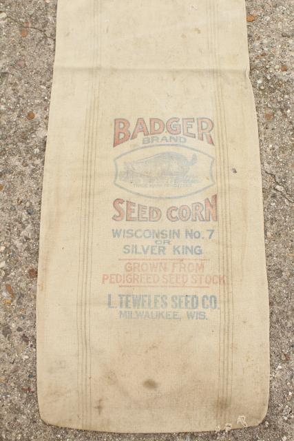 photo of vintage heavy cotton grain sack, striped feed bag Wisconsin Badger brand seeds advertising #2