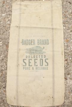 catalog photo of vintage heavy cotton grain sack, striped feed bag Wisconsin Badger brand seeds advertising