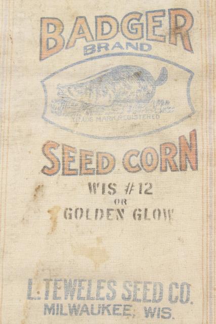 photo of vintage heavy cotton grain sack, striped feed bag Wisconsin Badger brand seeds advertising #1