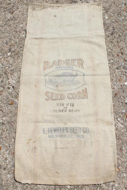 photo of vintage heavy cotton grain sack, striped feed bag Wisconsin Badger brand seeds advertising #1