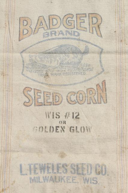 photo of vintage heavy cotton grain sack, striped feed bag Wisconsin Badger brand seeds advertising #2