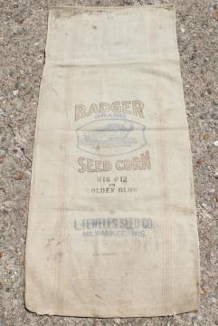 catalog photo of vintage heavy cotton grain sack, striped feed bag Wisconsin Badger brand seeds advertising