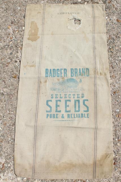 photo of vintage heavy cotton grain sack, striped feed bag Wisconsin Badger brand seeds advertising #1