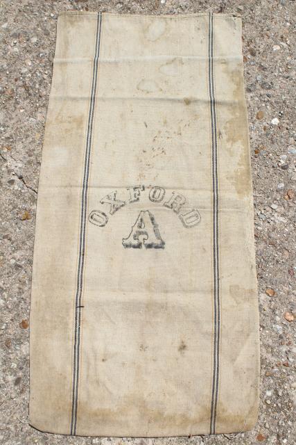 photo of vintage heavy cotton grain sack, striped feed bag letter A Oxford advertising #1