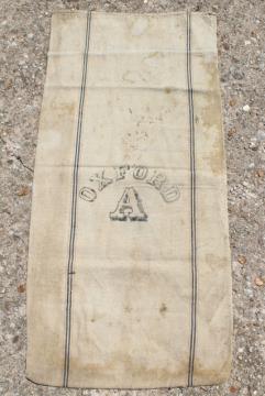 catalog photo of vintage heavy cotton grain sack, striped feed bag letter A Oxford advertising