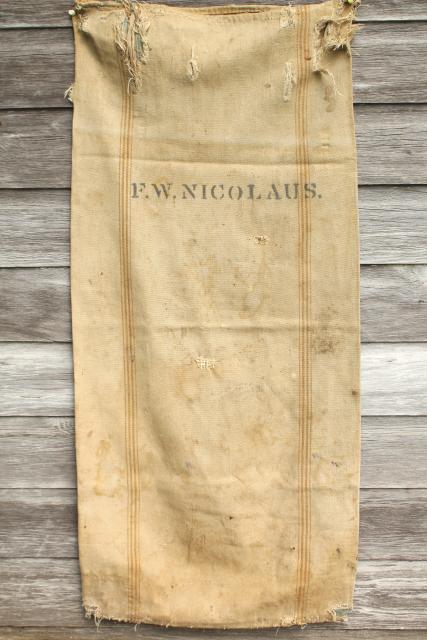 photo of vintage heavy cotton grain sack, striped seamless feed bag, primitive grubby antique fabric #1