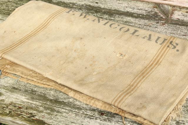 photo of vintage heavy cotton grain sack, striped seamless feed bag, primitive grubby antique fabric #8