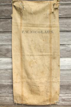 catalog photo of vintage heavy cotton grain sack, striped seamless feed bag, primitive grubby antique fabric