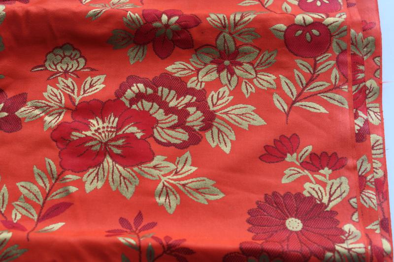 photo of vintage heavy cotton sateen fabric, red & gold Chinese floral 'satin brocade' #1