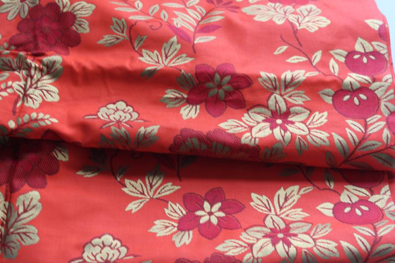 photo of vintage heavy cotton sateen fabric, red & gold Chinese floral 'satin brocade' #2