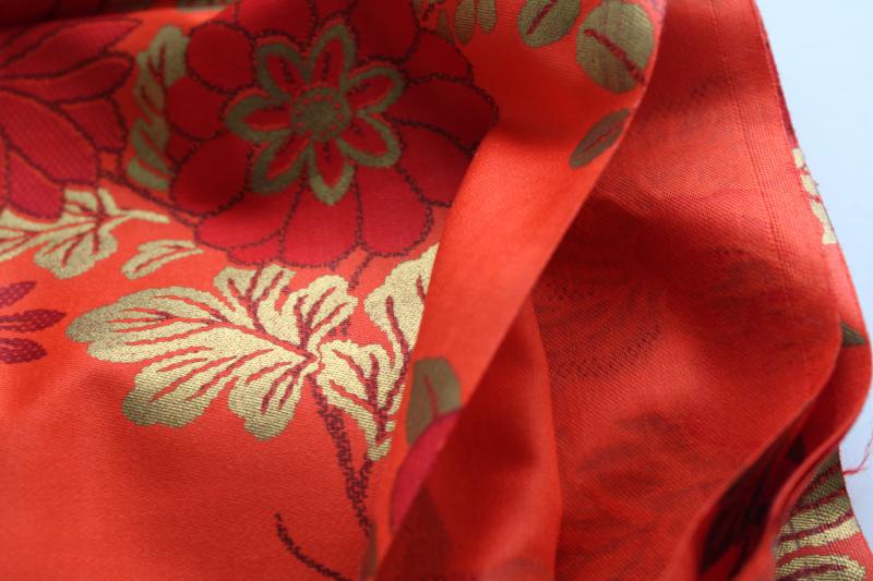 photo of vintage heavy cotton sateen fabric, red & gold Chinese floral 'satin brocade' #3