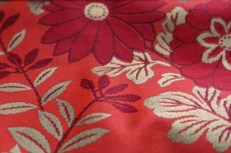 photo of vintage heavy cotton sateen fabric, red & gold Chinese floral 'satin brocade' #4