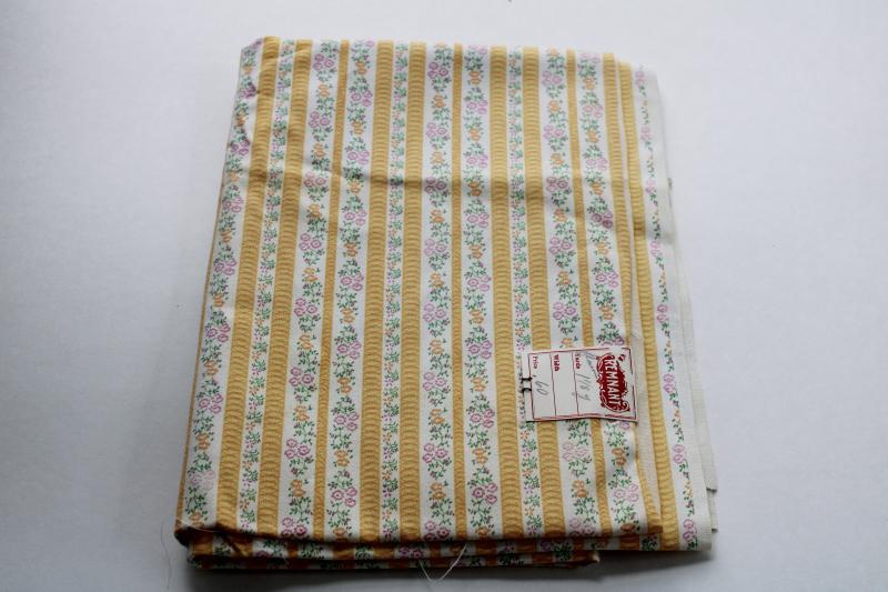 photo of vintage heavy cotton ticking remnant, flowered striped fabric mustard gold w/ pink #1