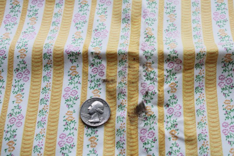 photo of vintage heavy cotton ticking remnant, flowered striped fabric mustard gold w/ pink #3