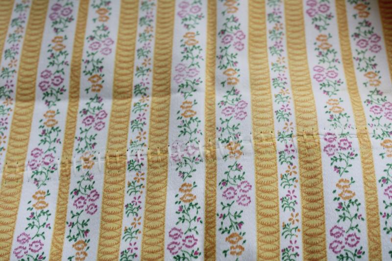 photo of vintage heavy cotton ticking remnant, flowered striped fabric mustard gold w/ pink #5