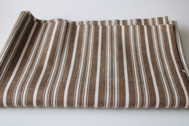 photo of vintage heavy cotton work wear fabric, hickory brown ticking stripe jeans material #1