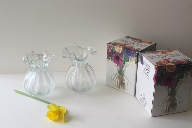 photo of vintage heavy hand blown glass vase set for flowers or bulb vases, crystal clear glass #1