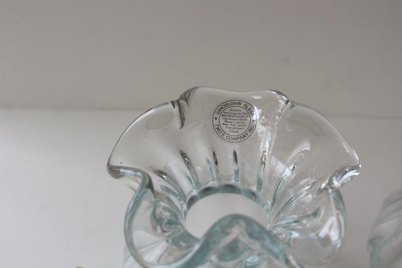 photo of vintage heavy hand blown glass vase set for flowers or bulb vases, crystal clear glass #2