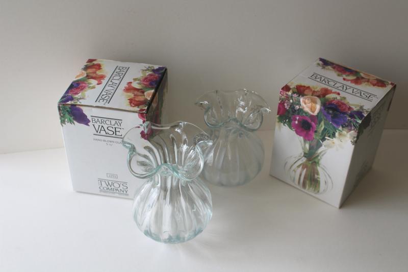 photo of vintage heavy hand blown glass vase set for flowers or bulb vases, crystal clear glass #7