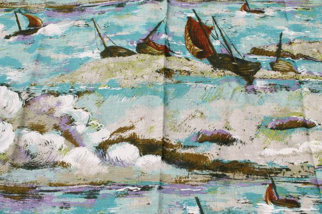 photo of vintage heavy linen fabric w/ printed art print, sailing fishing boats in ocean breakers #1