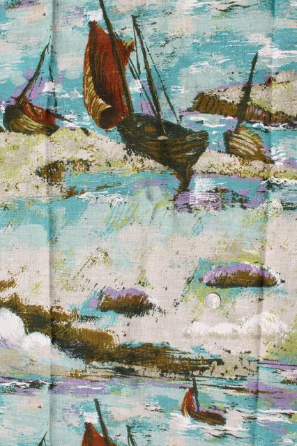 photo of vintage heavy linen fabric w/ printed art print, sailing fishing boats in ocean breakers #3