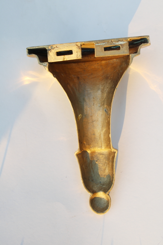 photo of vintage heavy solid brass bracket wall mount shelf, single neoclassical pillar, polished gold brass  #6