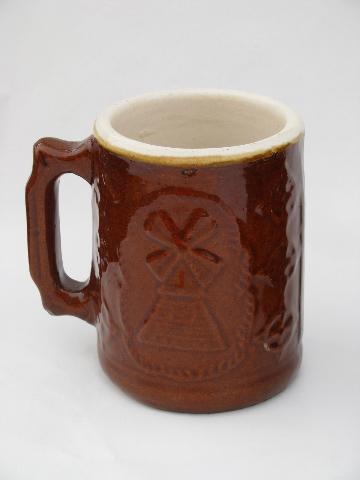 photo of vintage heavy stoneware pottery beer steins or cider mugs, man w/ pipe #3