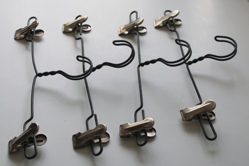 photo of vintage heavy twisted wire clothes hangers w/ study metal spring clips, skirt or fabric hangers set of four  #4