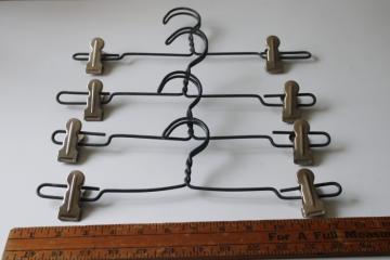 vintage heavy twisted wire clothes hangers w/ study metal spring clips, skirt or fabric hangers set of four 