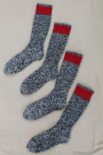 photo of vintage heavy wool boot socks, primitive stockings long grey wool socks w/ red tops #1