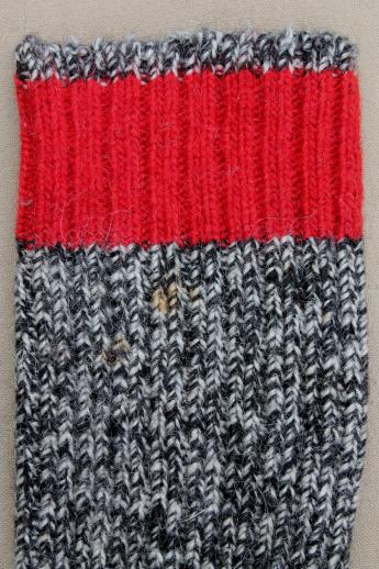 photo of vintage heavy wool boot socks, primitive stockings long grey wool socks w/ red tops #3