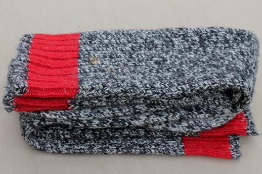 photo of vintage heavy wool boot socks, primitive stockings long grey wool socks w/ red tops #4