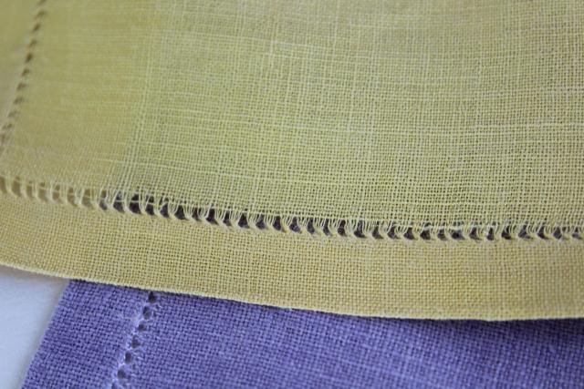 photo of vintage hem stitched cloth napkins, pure linen fabric yellow & lavender #3