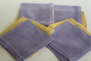 catalog photo of vintage hem stitched cloth napkins, pure linen fabric yellow & lavender